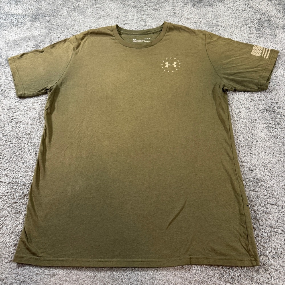 Under Armour Mens Freedom HeatGear T Shirt Large Olive Green Graphic Flag Tee